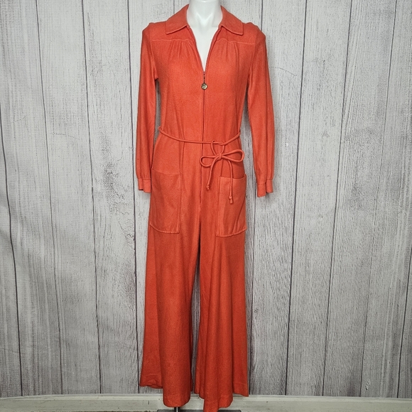 Vintage 70s Groovy Miss Elaine Orange Wide Leg Jumpsuit - Picture 2 of 9